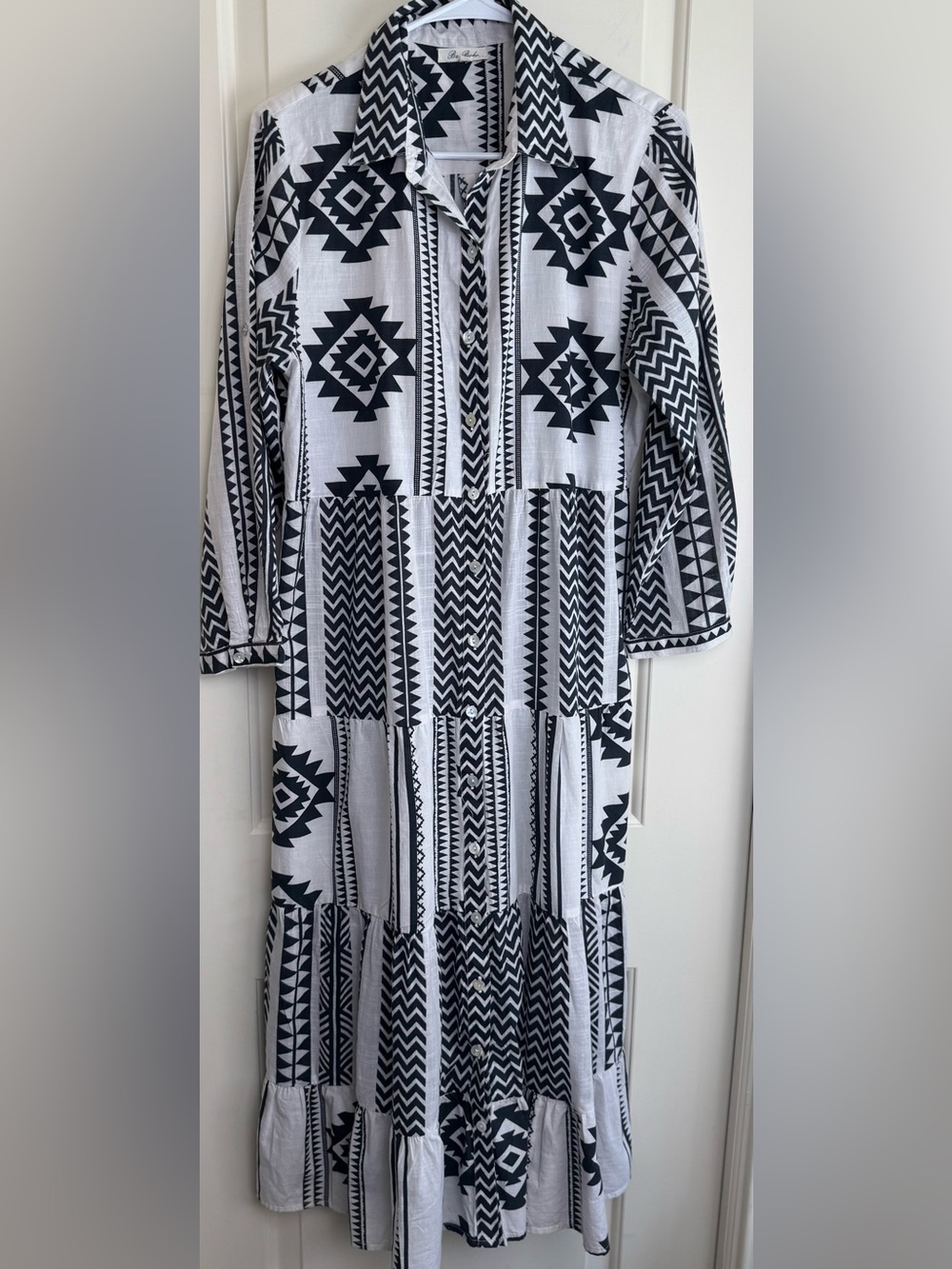 Be Boho Black White Geometric Tiered Button Front Cotton Midi Dress M
